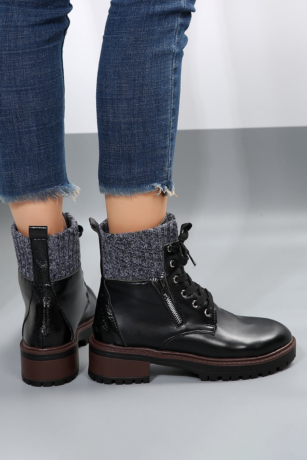 Black Knitted Patched Lace Up Heeled Ankle Boots