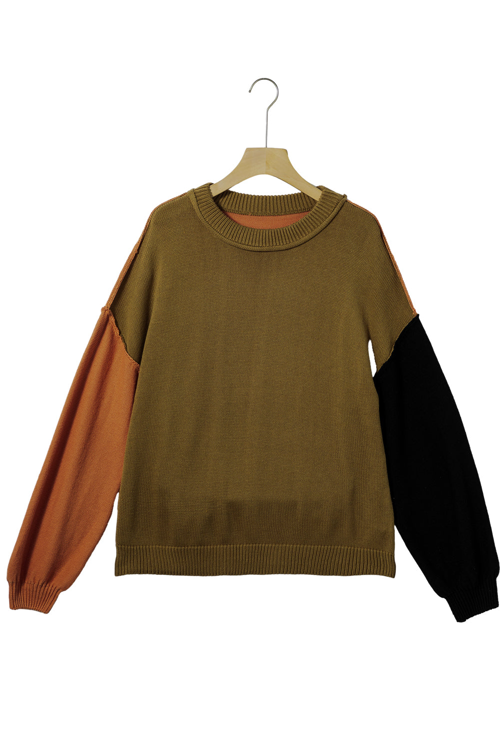 Brown Colorblock Bishop Sleeve Exposed Seam Ribbed Trim Sweater