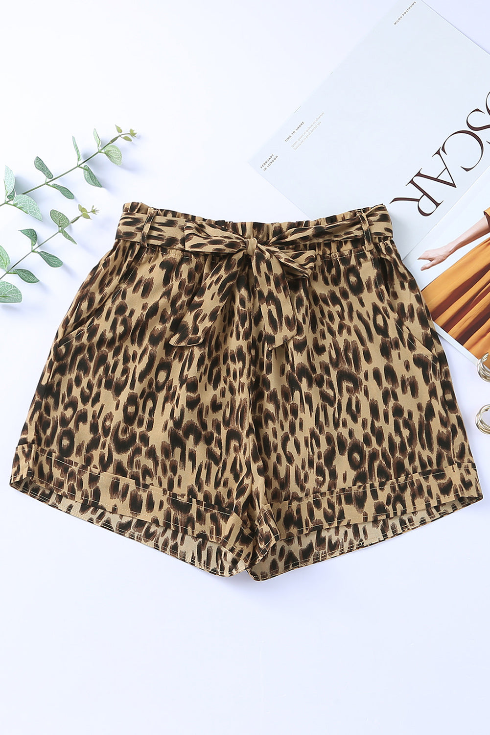 Cheetah Casual Pockets Frill Tie Waist Shorts