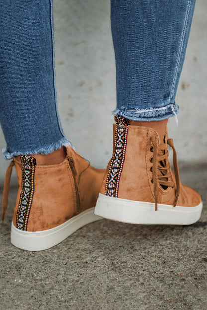 Brown High Top Lace Up Zipper Slip-On Sneakers