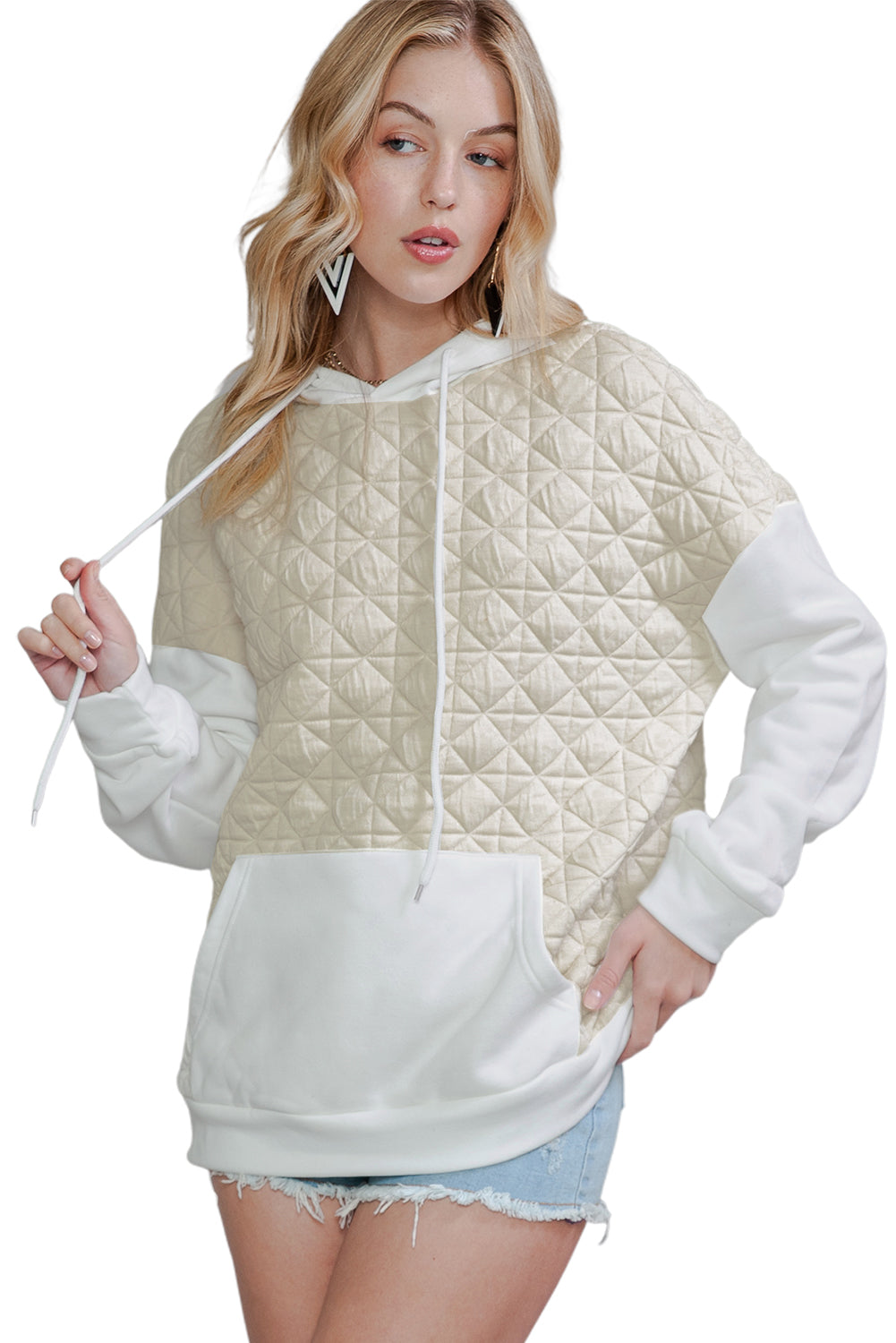 Light Grey Drop Shoulder Kangaroo Pocket Patchwork Quilted Hoodie