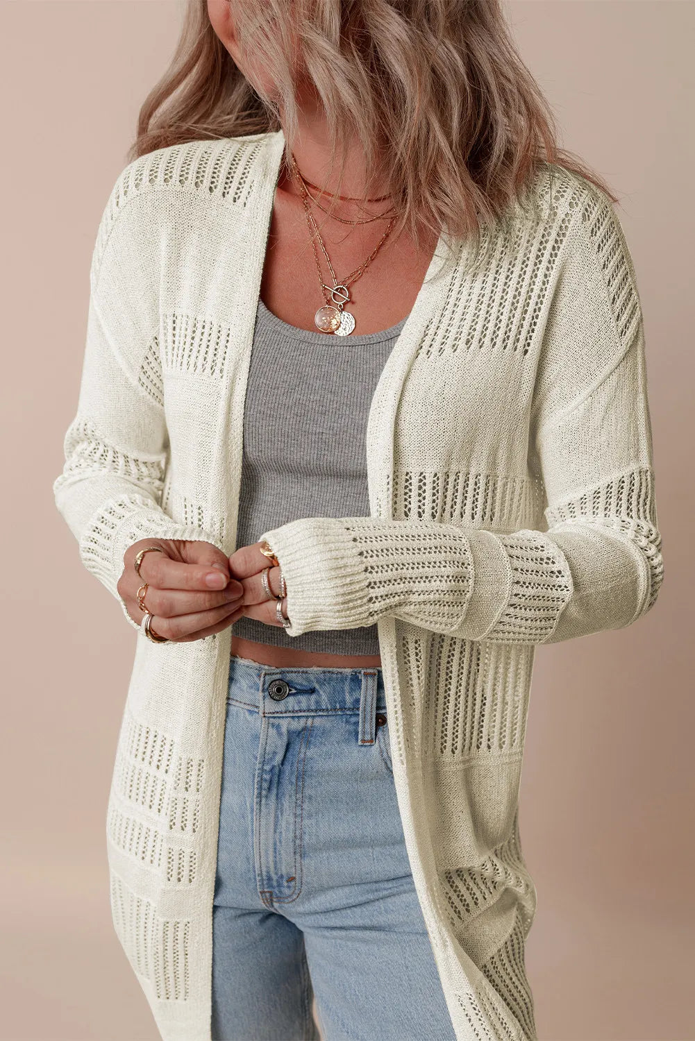 Openwork Open Front Long Sleeve Cardigan