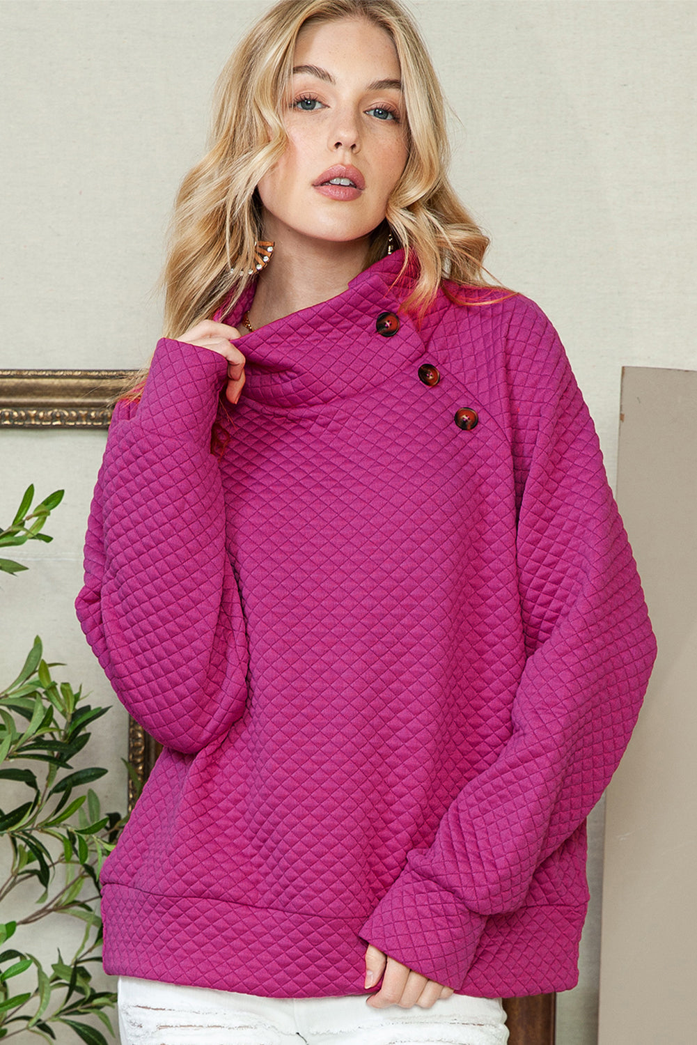 Rose Red Quilted Buttoned Neck Pullover Sweatshirt