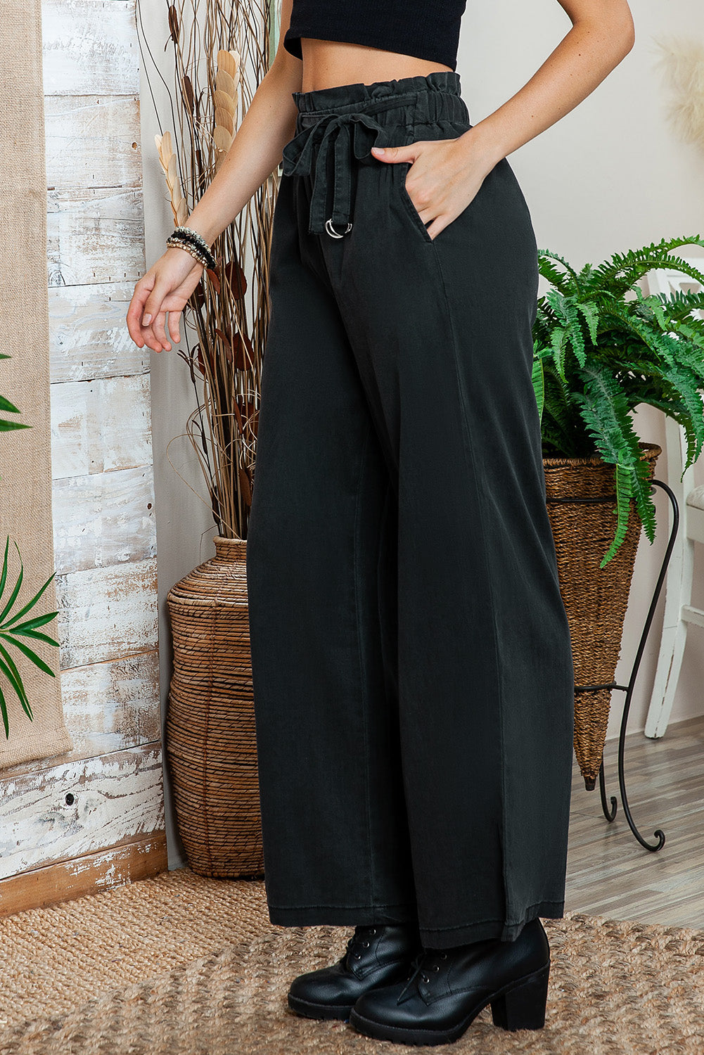 Black Elastic High Waisted Wide Leg Pants with Pockets