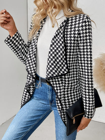 Houndstooth Open Front Long Sleeve Jacket