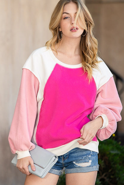 Rosy Colorblock Casual Seam Plush Pullover Sweatshirt