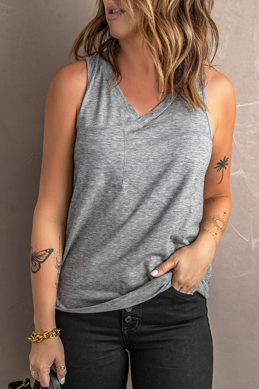 Gray Casual V Neck Racerback Tank Top With Pocket