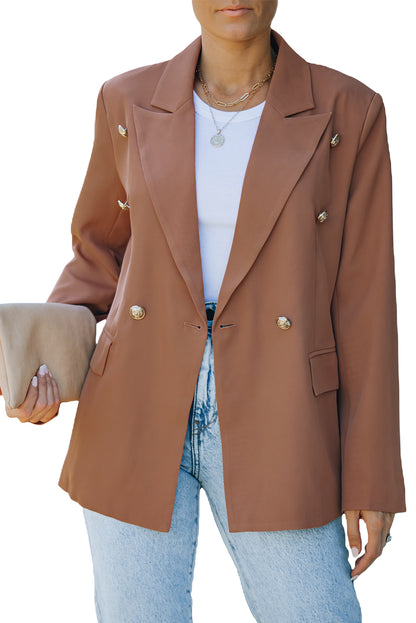 Double Breasted Lapel Neck Flap Pocket Casual Brown Blazer for Women