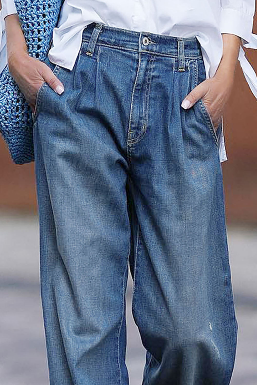 Dark Blue Slouchy Pocket Casual Wide Leg Jeans