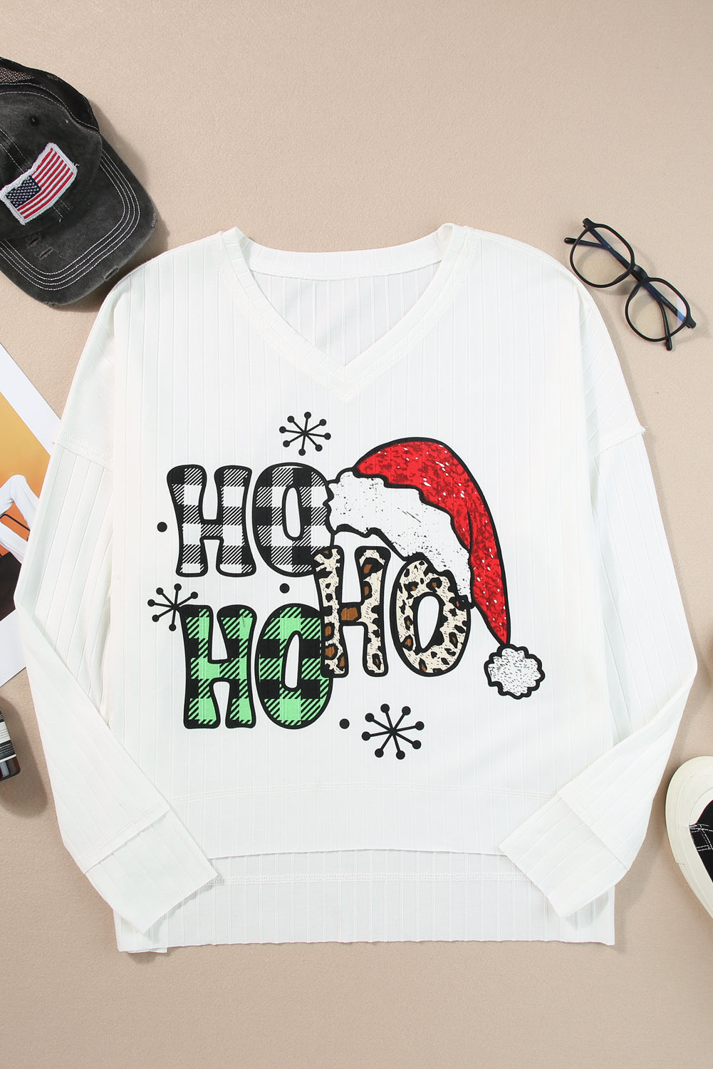 White HOHOHO Christmas Pattern Ribbed Drop Sleeve Top