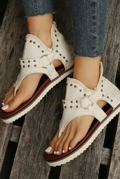 Beige Solid Rivet Raw Hem Clip Toe Zipped Sandals