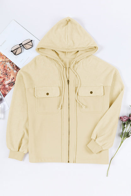 Apricot Bishop Sleeve Zip Up Hoodie Jacket with Flap Pockets