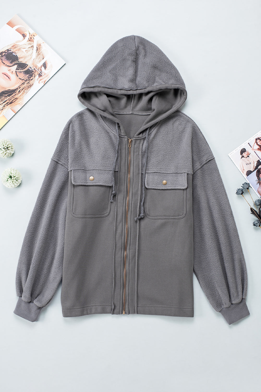 Apricot Bishop Sleeve Zip Up Hoodie Jacket with Flap Pockets