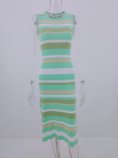 Spring Summer Dress Slim Sleeveless Splicing Pullover Striped Knitted Dress