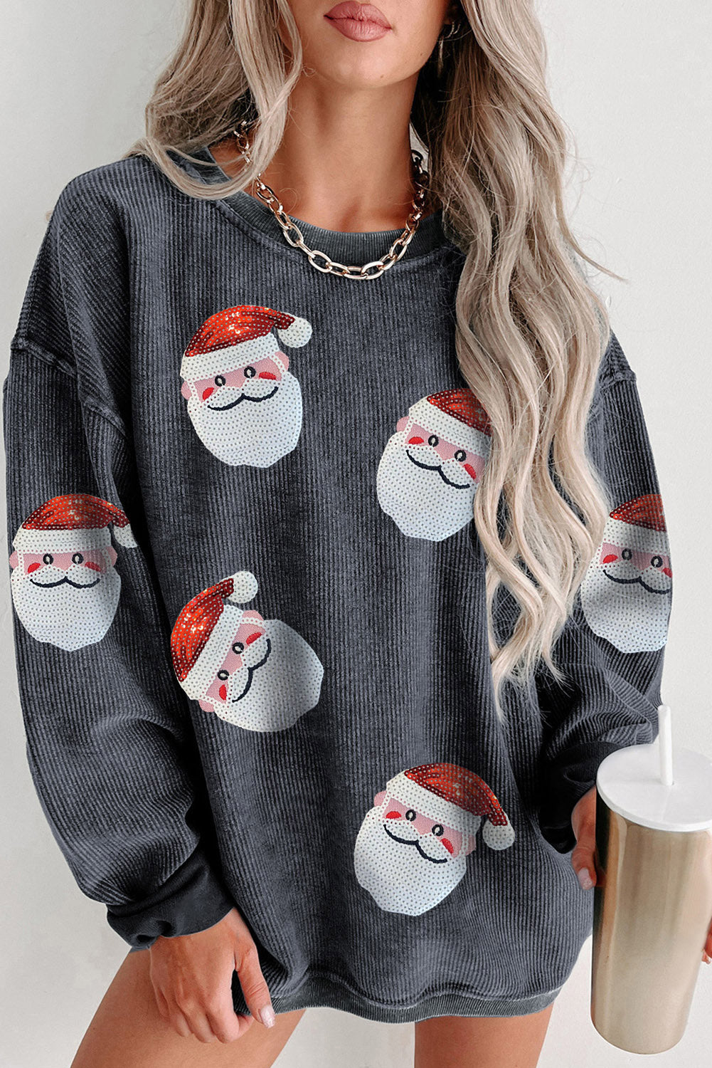 Black Sequined Santa Claus Corded Christmas Graphic Sweatshirt