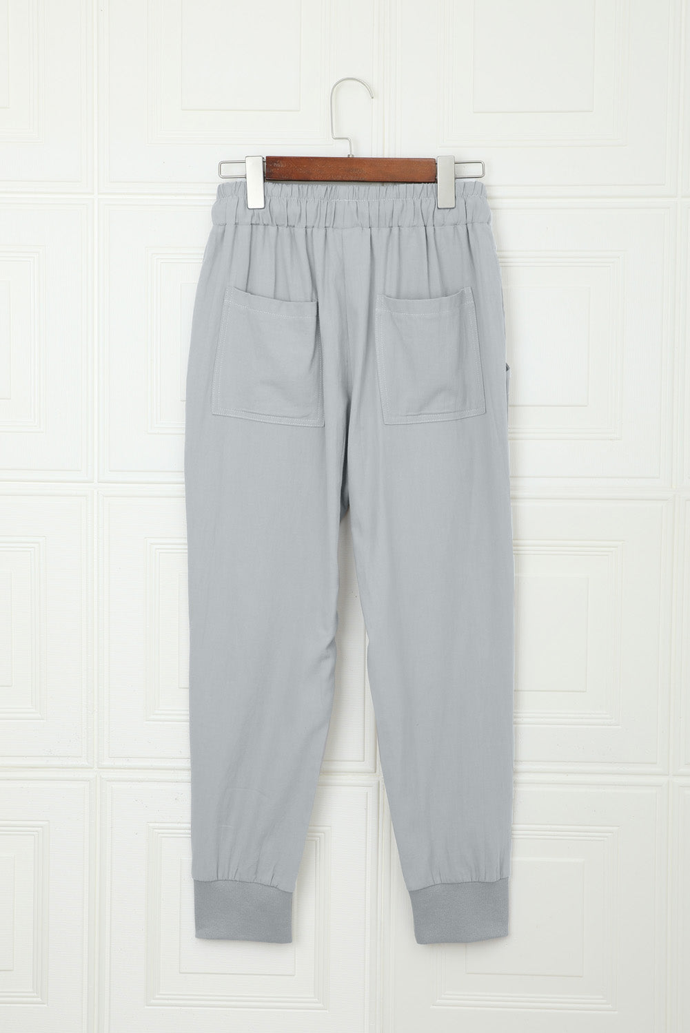 Gray Causal Pockets Elastic Waist Drawstring Pants