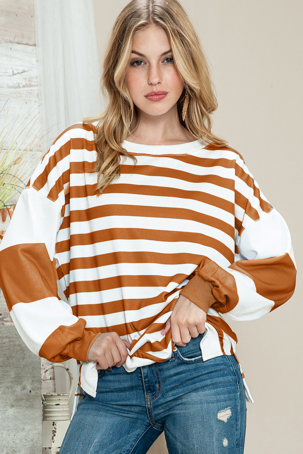 Black Striped Colorblock Drop Shoulder Pullover Sweatshirt