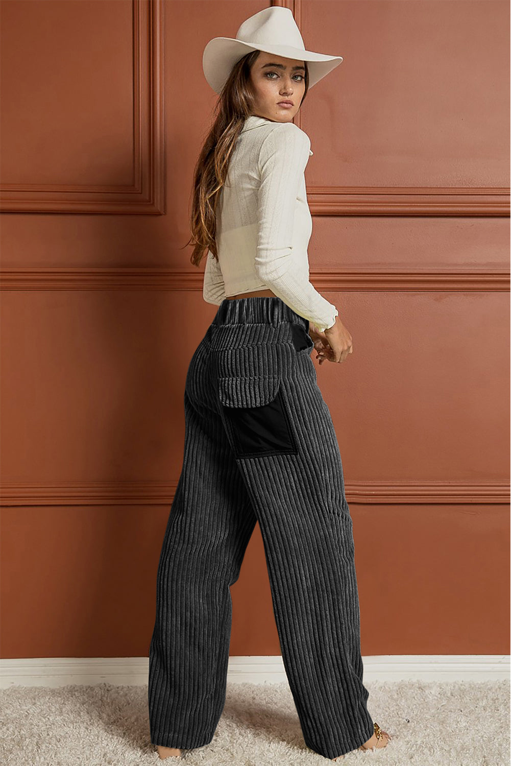 Grey Corduroy High Waisted Wide Leg Pants for Women