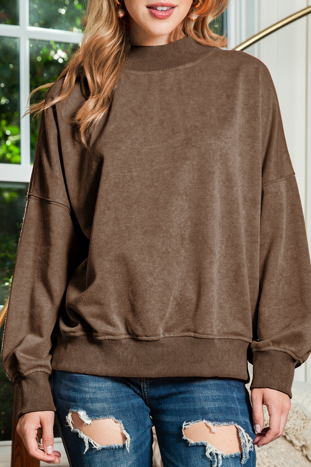 Green Light Plain Washed Drop Shoulder Pullover Sweatshirt