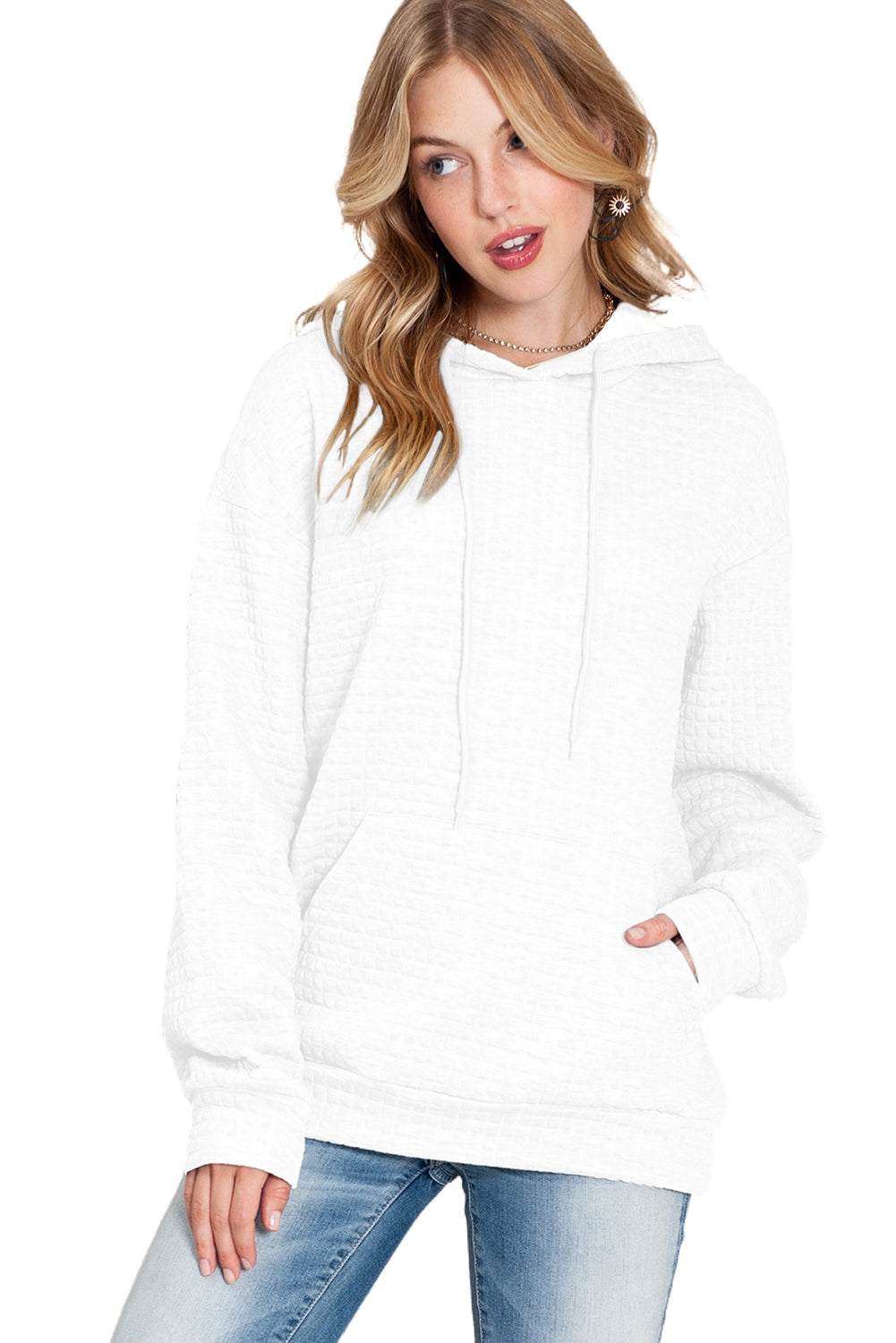 White Lattice Textured Kangaroo Pocket Drawstring Hoodie