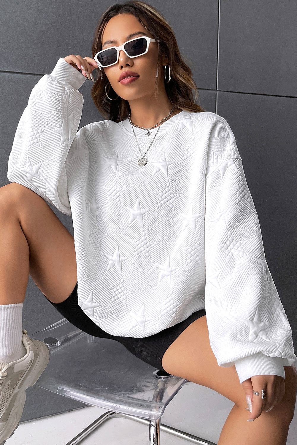 Black Star Embossed Textured Drop Shoulder Sweatshirt