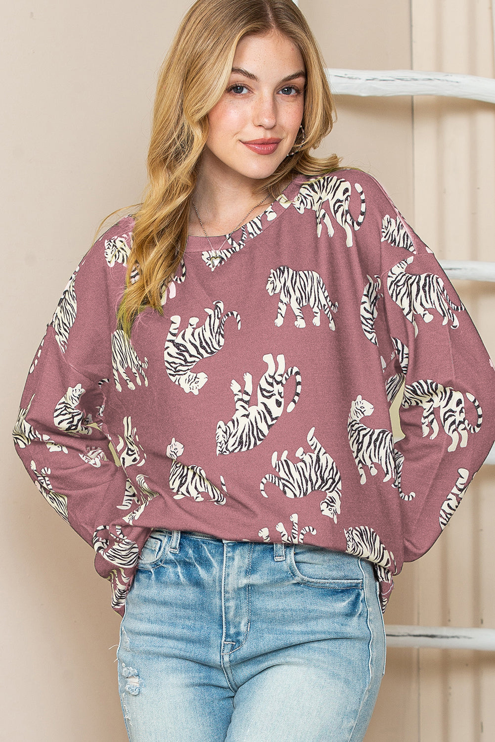 Taupe Animal Print Drop Sleeve Pullover Sweatshirt