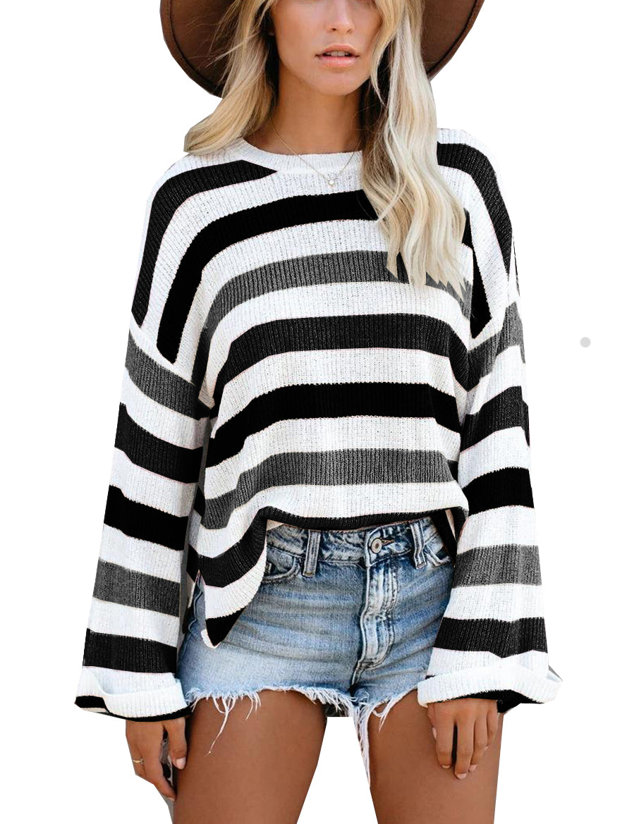 Spring Autumn Women Clothing Plus Size Personalized Striped Sweater Women Knitted Sweater
