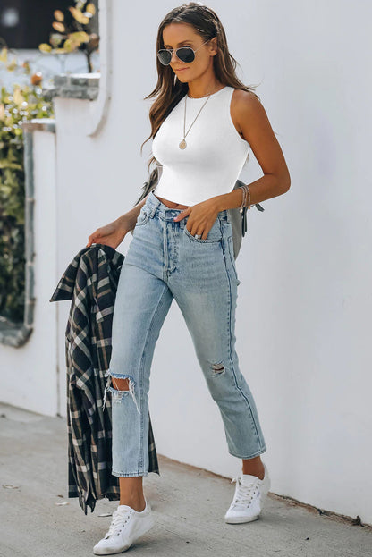 Plain White Ribbed Knit Basic Cropped Tank Top