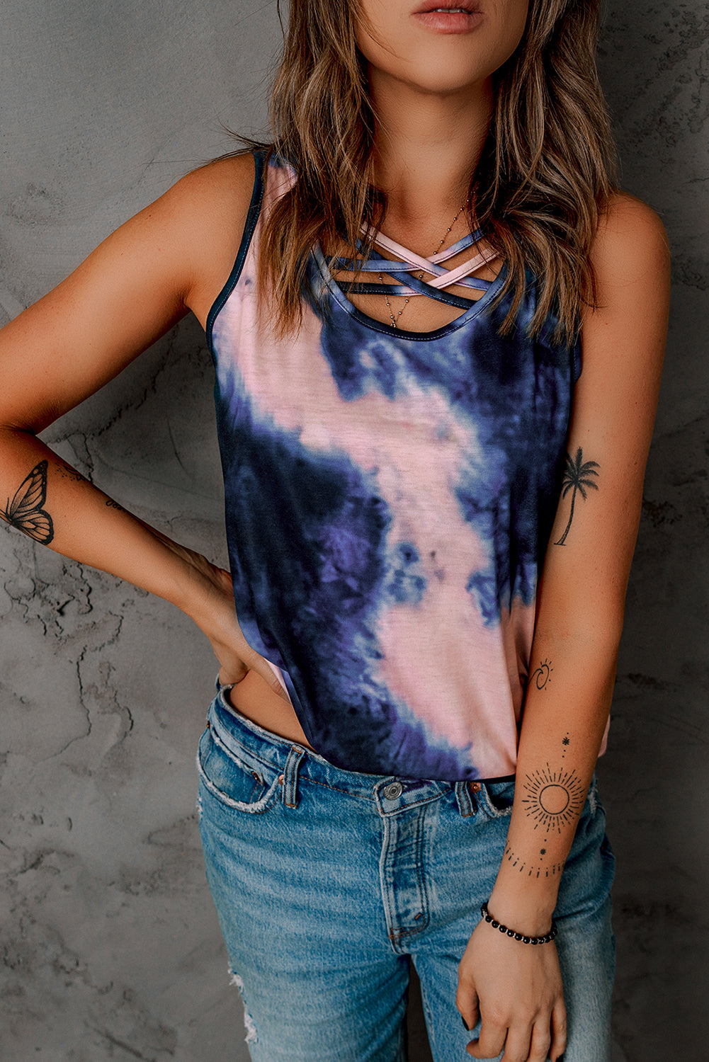 Tie-Dye Cross Neck Color Block Casual Tank Top