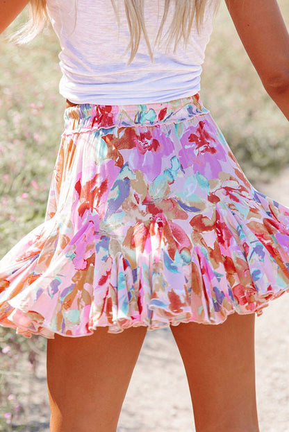 Multicolor Abstract Floral Print Ruffled High Waist Mini Skirt