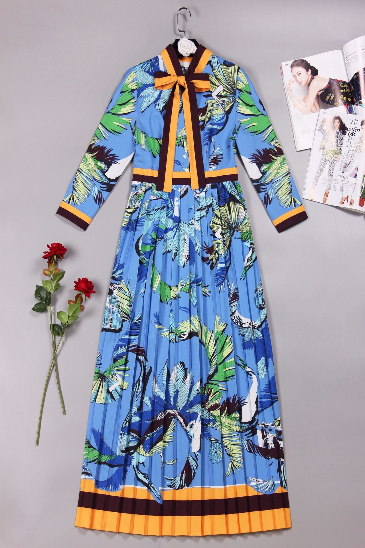 Spring Summer Blue Printed Pleated Large Swing Dress Lace Up Vacation Dress Women