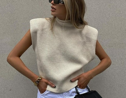 Autumn Winter Women Solid Color Sleeveless Turtleneck Casual Shoulder Pad Top Sweatervest