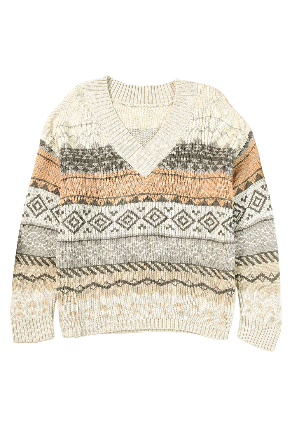 Khaki Geometric Print Ribbed Knitted V Neck Sweater