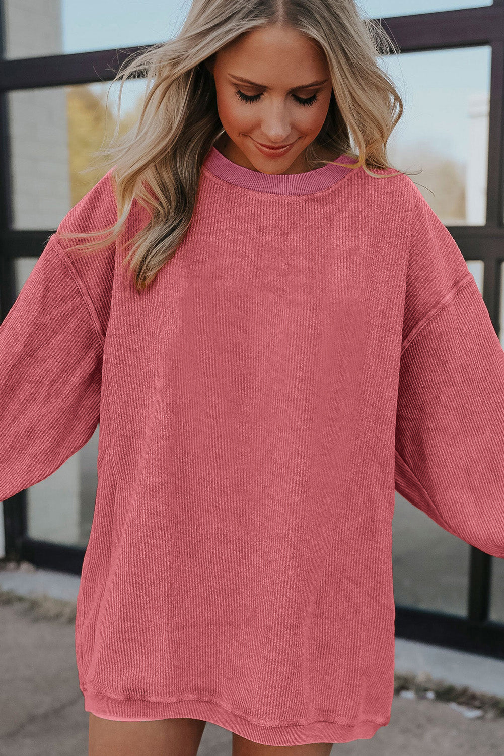 Apricot Drop Shoulder Ribbed Oversized Sweatshirt