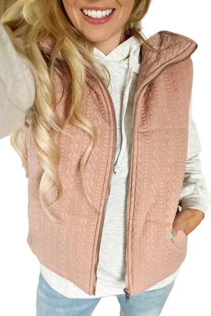 Apricot Pink Textured Pockets Zip Up Vest Jacket