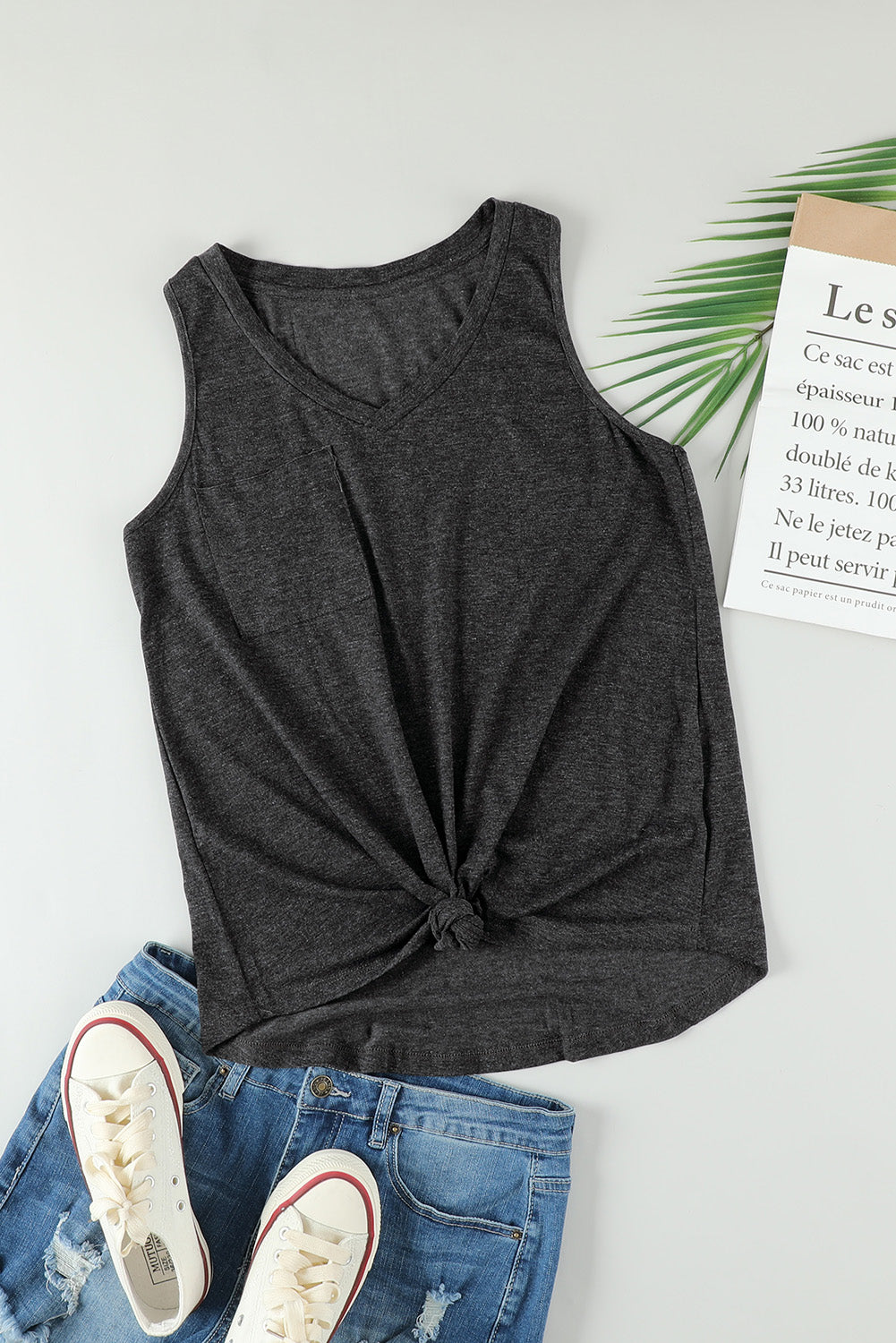 Gray Casual V Neck Racerback Tank Top With Pocket