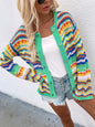 Autumn Winter New Striped Sweater Women Loose Plus Size Rainbow Sweater Button Cardigan