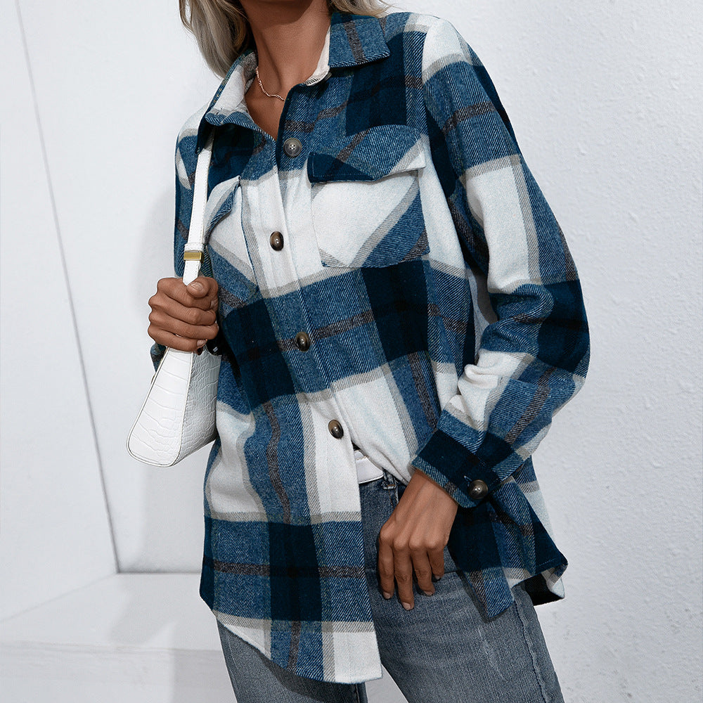 Autumn Winter Long Sleeved Plaid Top Loose Casual Shacket Jacket Women