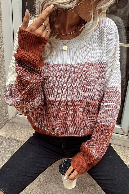 Brown Color Block Drop Shoulder Ribbed Trim Sweater