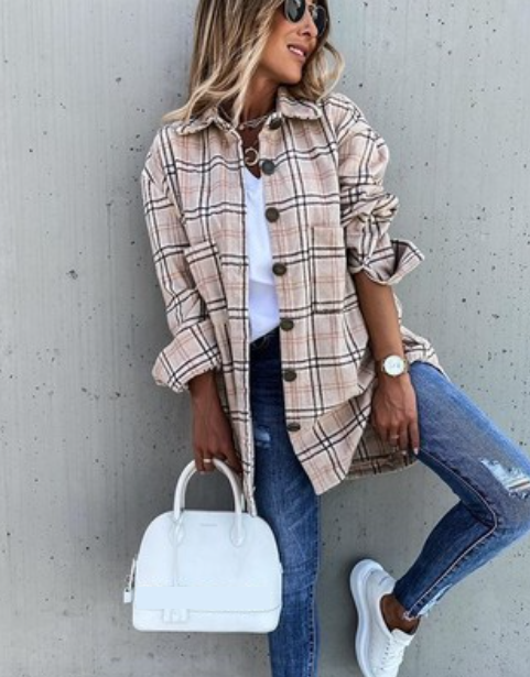 Autumn Winter Loose Casual Retro Plaid Long Sleeve Shacket Coat for Women