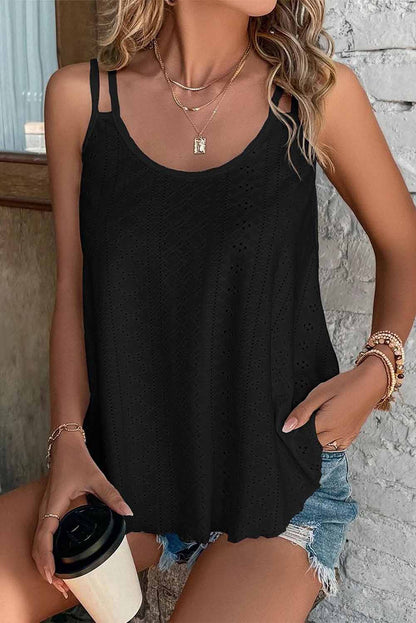 Black Eyelet Strappy Scoop Neck Tank Top