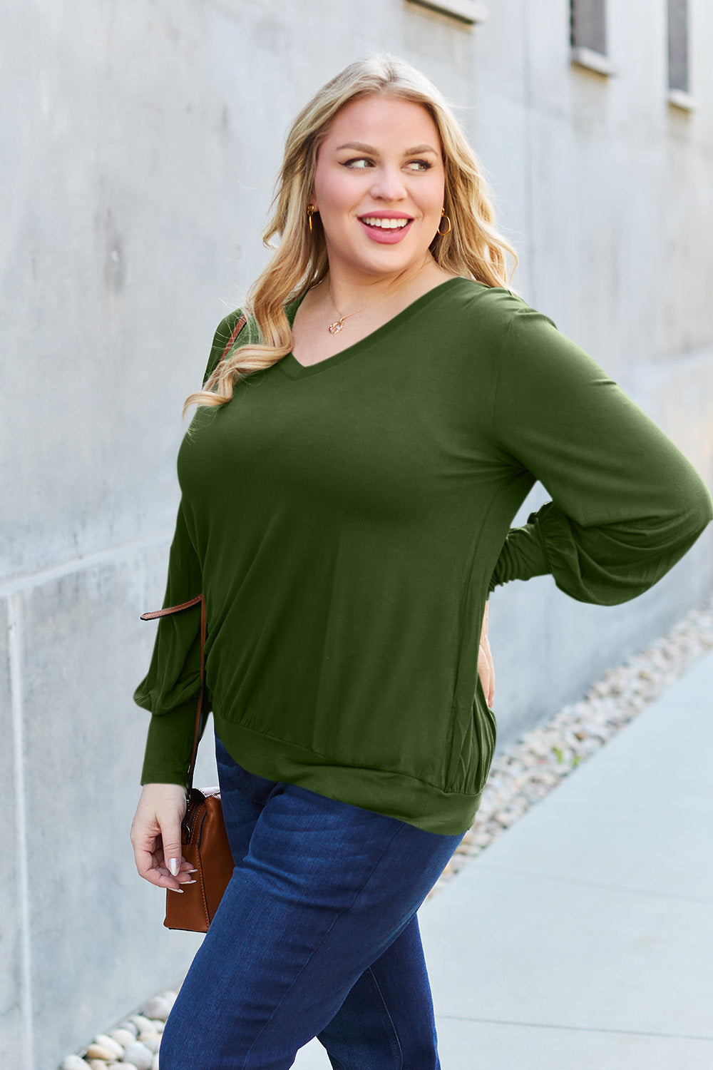 Basic Bae Full Size V-Neck Lantern Sleeve Top