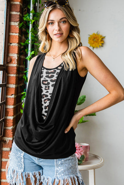 Black Leopard Ruched Fake Two Piece Tank Top