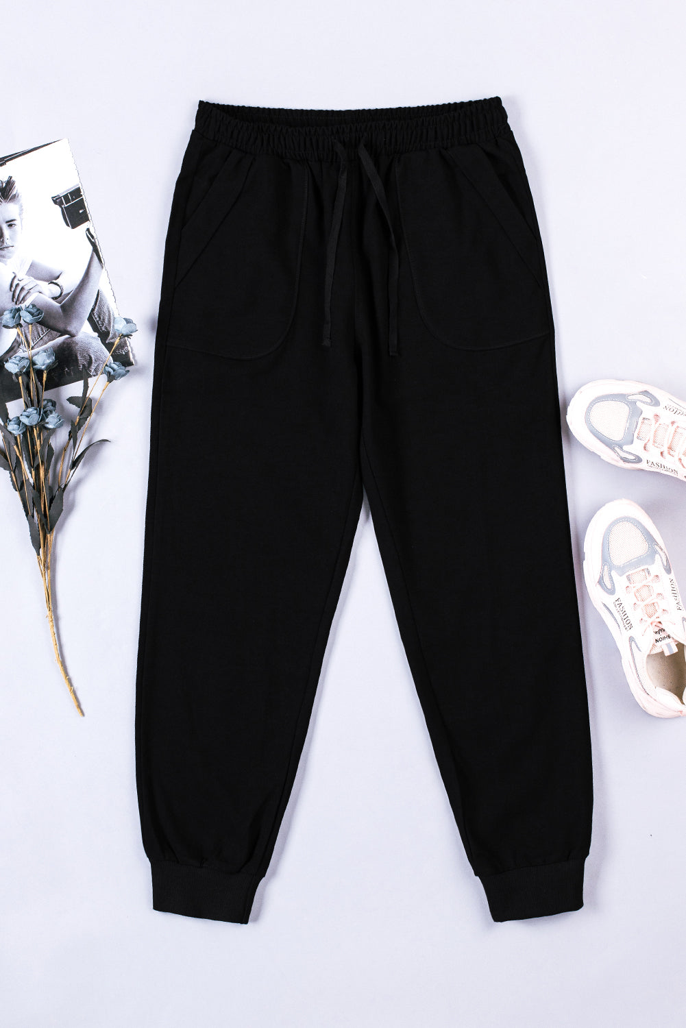 Black Casual Elastic Waist Drawstring Jogger Pants