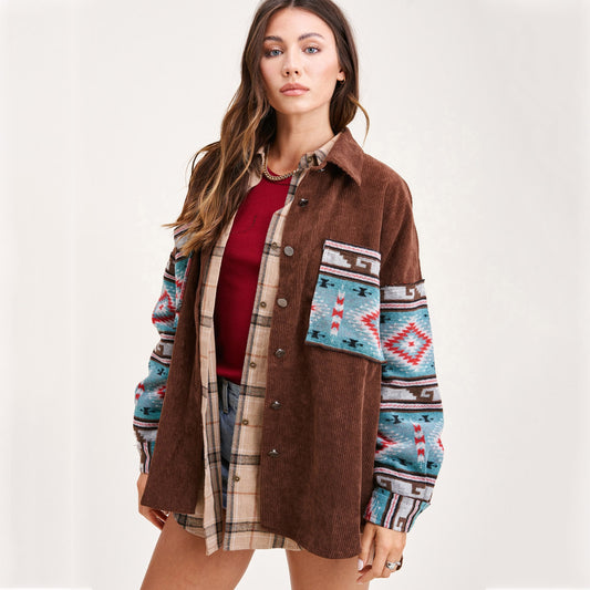 Nostalgic Fried Floral Corduroy Aztec Stitching Printing Pocket Long Sleeve Coat Women Jacket