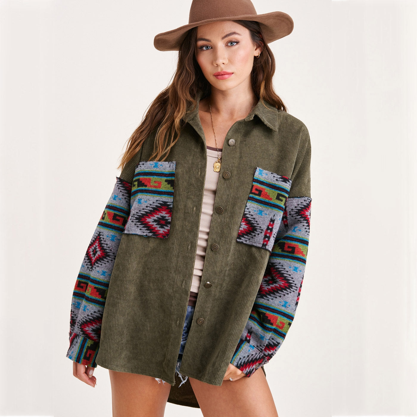 Nostalgic Fried Floral Corduroy Aztec Stitching Printing Pocket Long Sleeve Coat Women Jacket