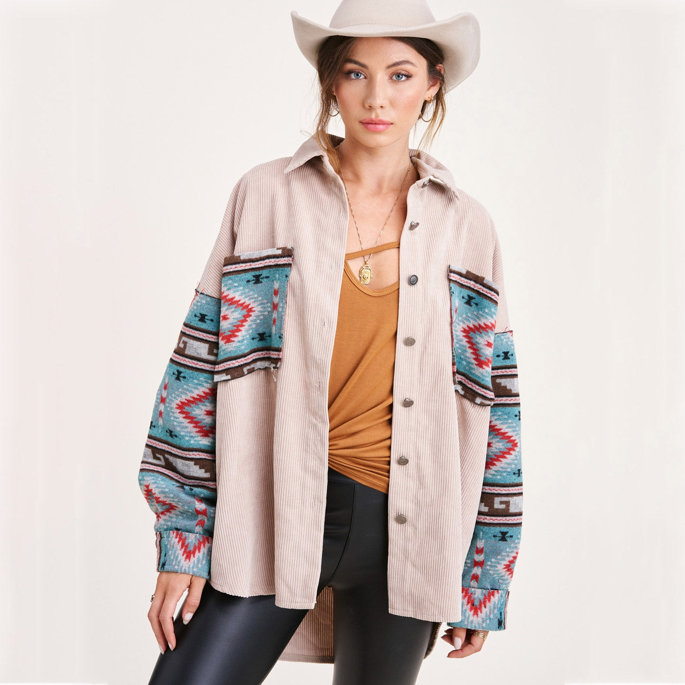 Nostalgic Fried Floral Corduroy Aztec Stitching Printing Pocket Long Sleeve Coat Women Jacket