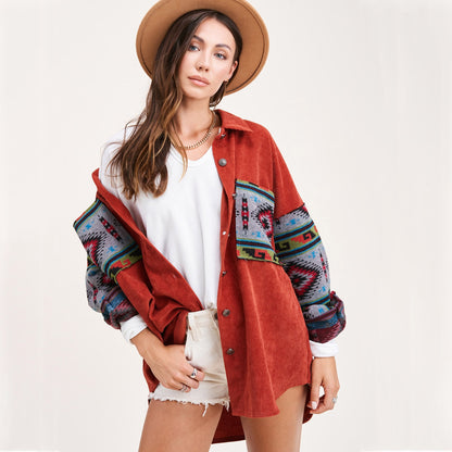 Nostalgic Fried Floral Corduroy Aztec Stitching Printing Pocket Long Sleeve Coat Women Jacket