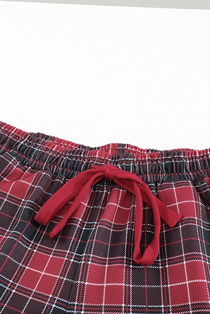 Red Solid Long Sleeve Top & Plaid Pants Loungewear Set