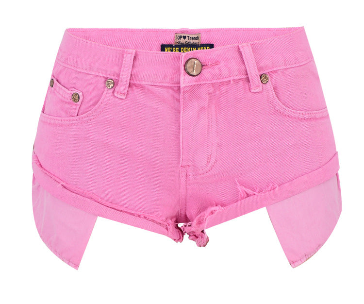 Women Clothing Low Waist Denim Shorts Decadent Loose Non-Elastic Curling Exposure Pocket Beach Pants Macaron Pink